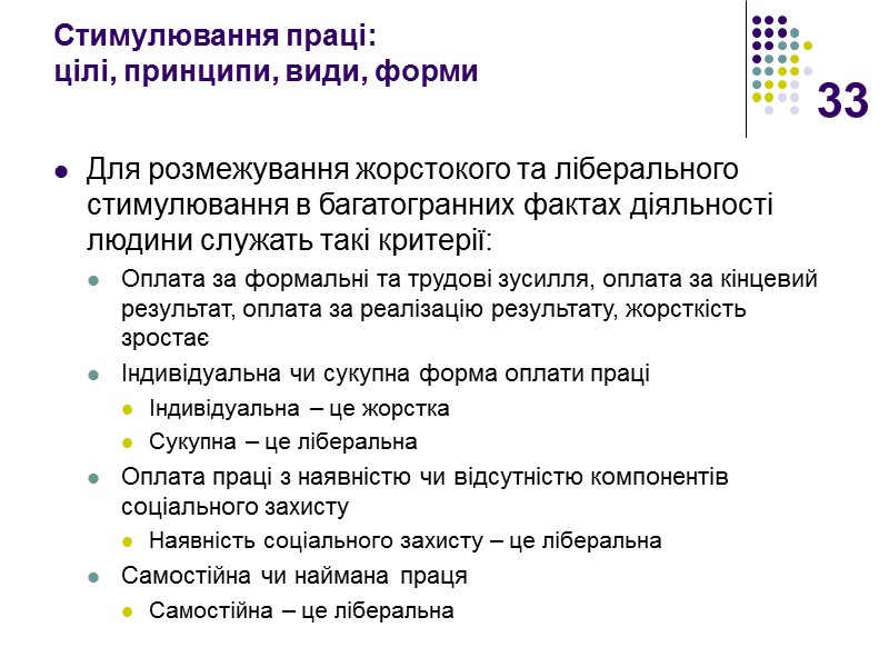 33 Стимулювання праці:  цілі, принципи, види, форми  Для розмежування жорстокого та ліберального